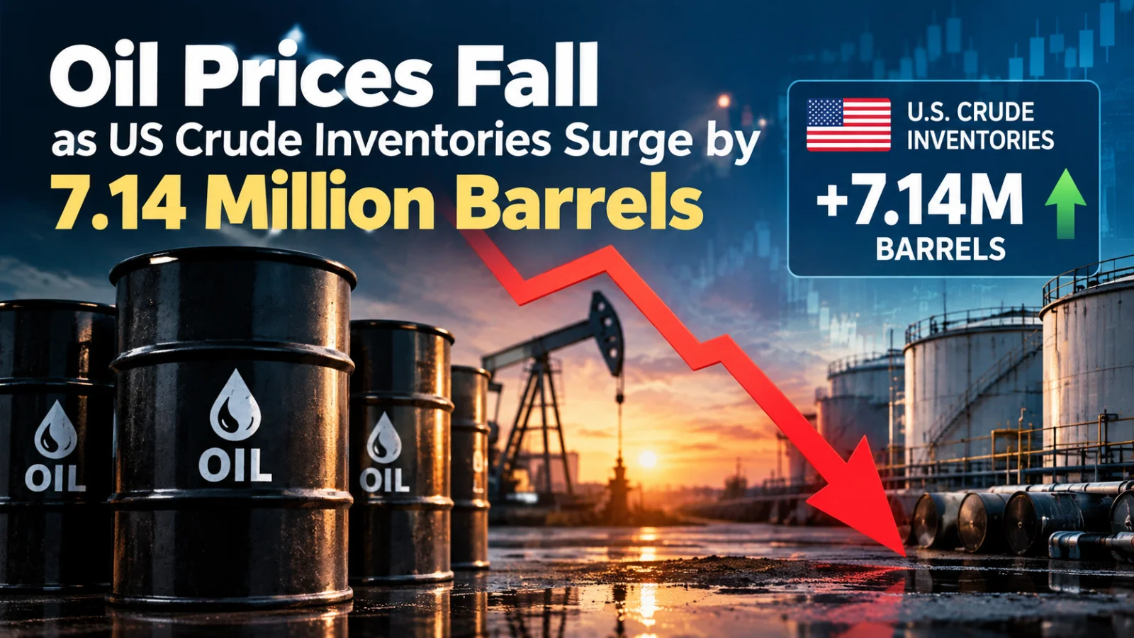 Oil Prices Fall as US Crude Inventories Surge by 7.14 Million Barrels